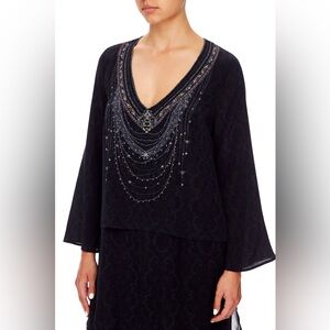 Camilla | Blue Midnight Meeting Silk V-Neck Bedazzled Tunic | Sz M